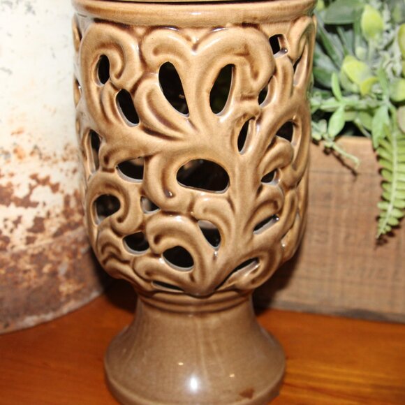 NEW Ornate 15" French Country Cottage Ceramic Filigree Urn Pedestal Jar - Picture 5 of 5